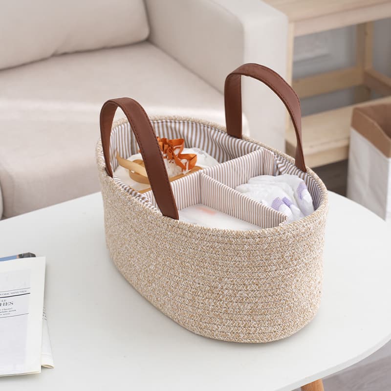 Carrying portable mommy bag when going out, cotton rope woven leather handle basket diaper bag, baby diaper storage basket