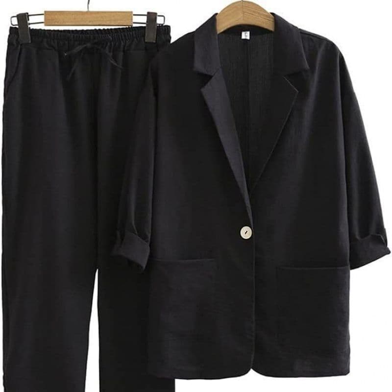 Cross-border Women's Cotton Linen 2-Piece Suit Jacket + Pants Autumn Loose Fashion Casual Cotton Linen Blazer Trendy