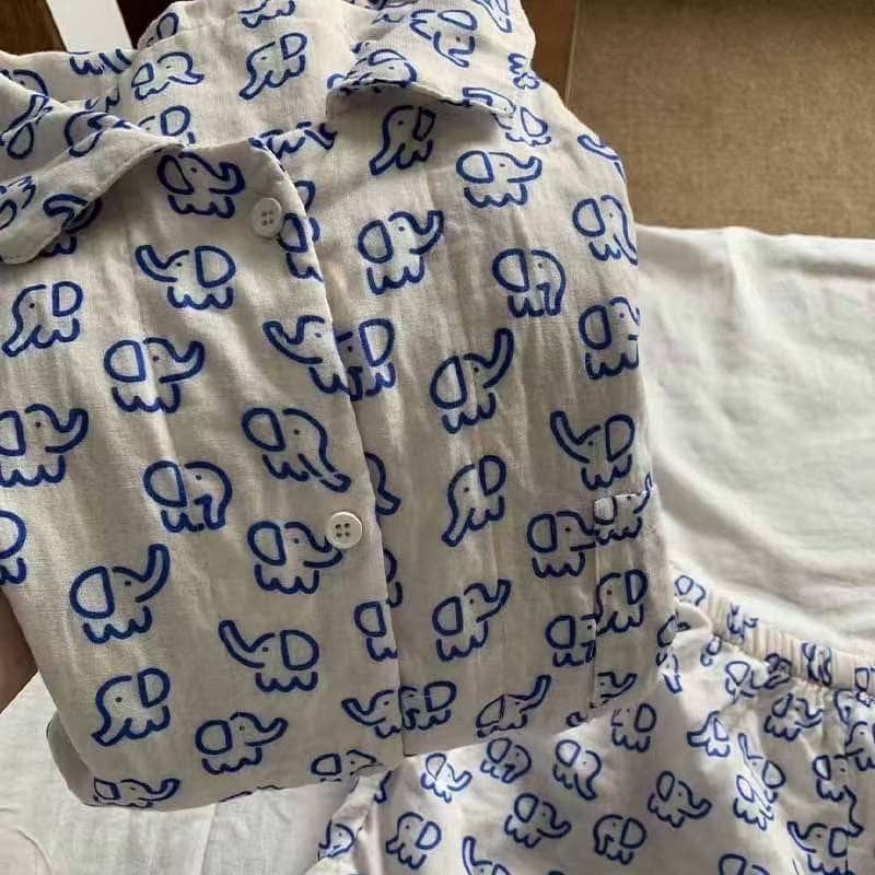 Soft and Cute Lines, Little Elephant Short-Sleeved Pajamas for Women, New Summer Style Loose Cardigan Shorts, Home Clothes Two-Piece Set