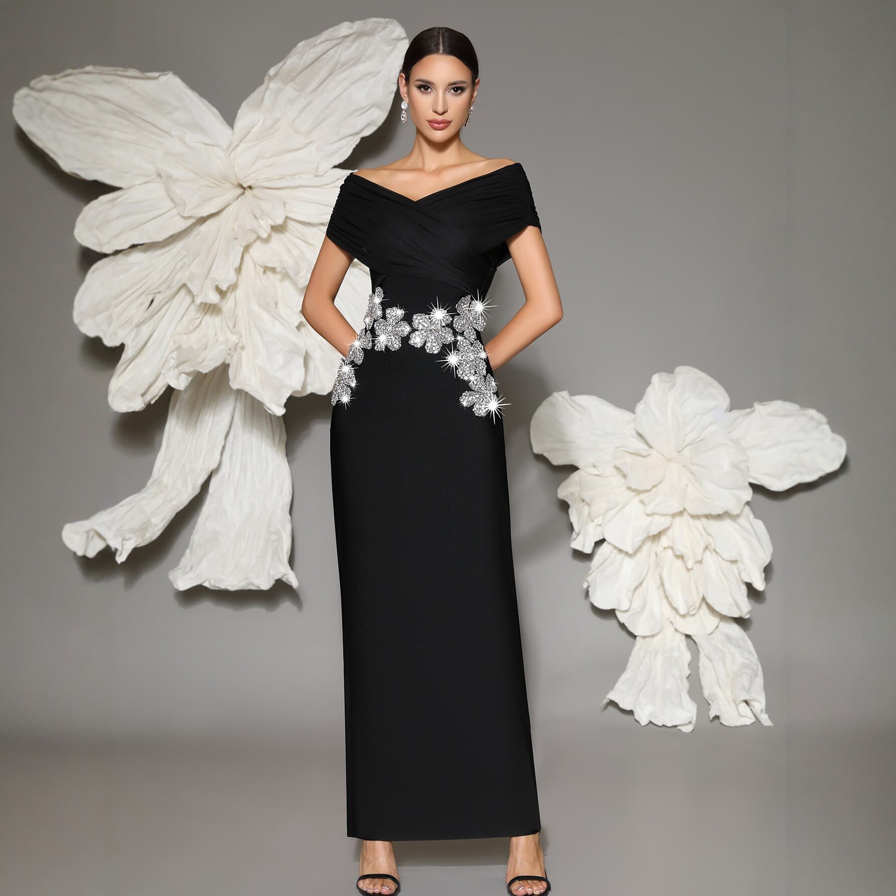 In Stock | Cross-border New Women's Light Luxury Mesh One-Shoulder Floral Rhinestone Slim Fit Bodycon Dress