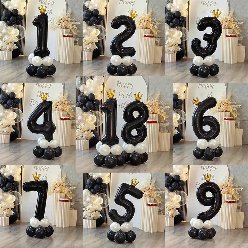 40-inch Black Crown Number Balloon Column for Birthday Party, Boy or Girl 18th Birthday Decoration Scene Setup