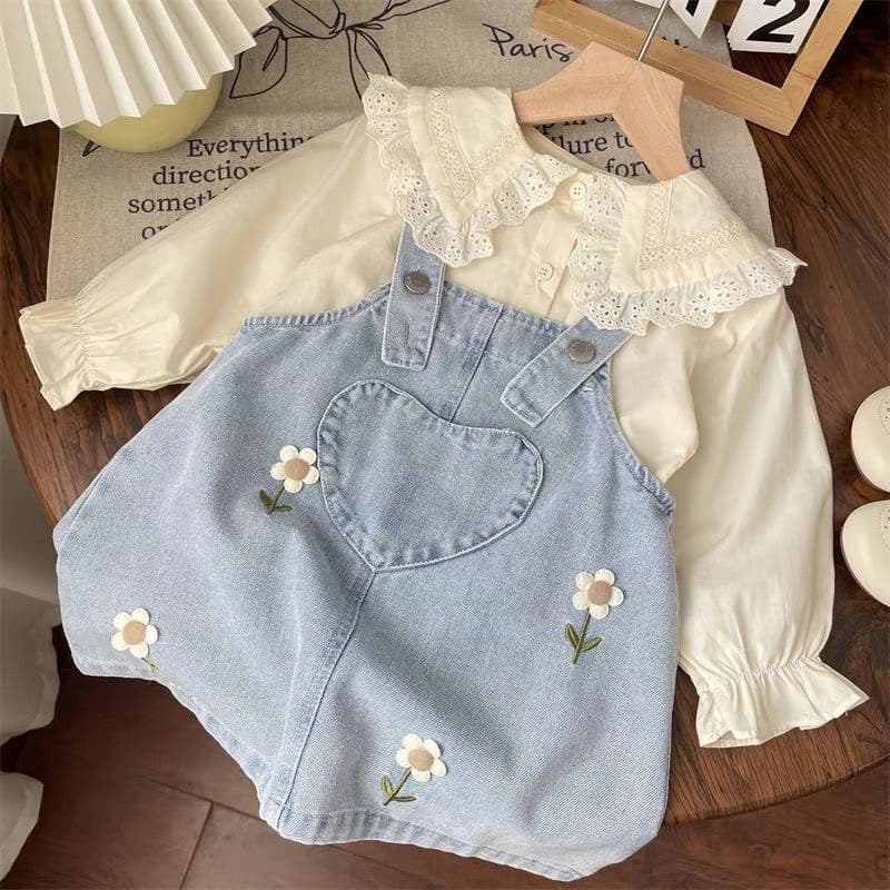 Girls' Suspender Baby Shirt Dress Kids' Fashion Set New Denim Doll Collar Shirt Two-Piece Set Trendy