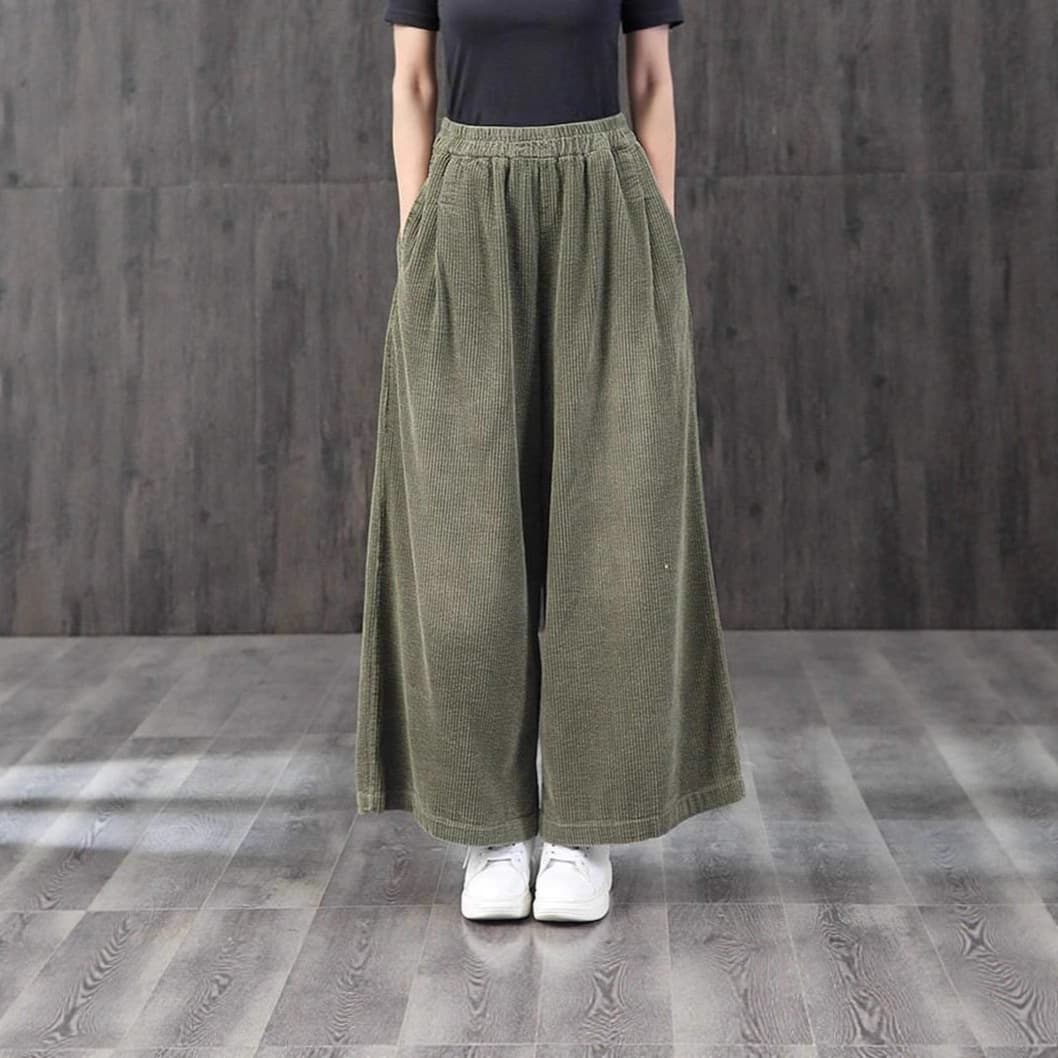 2025 Cross-Border Chic Commute Mid-Rise Long Pants Export Loose Solid Color European and American Wide-Leg Corduroy Pants