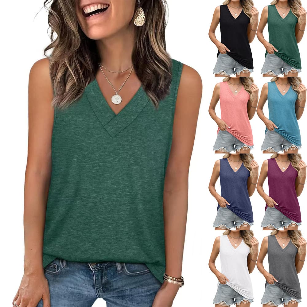 Amazon European and American cross-border foreign trade 2025 spring and summer new solid color V-neck loose sleeveless casual T-shirt vest top