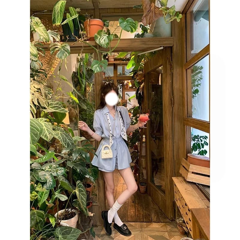 [In Stock] Eight Buttons Pinky Relaxed Fit Oxygen Baby Blue Linen Waist-Cinching Top Set High-Waist Hip-Covering Shorts