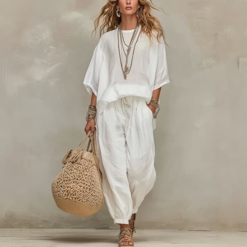 2026 Spring/Summer New European American Style Linen Loose Casual Two-Piece Set for Women Vacation Fashion Wide-Leg Pants Set