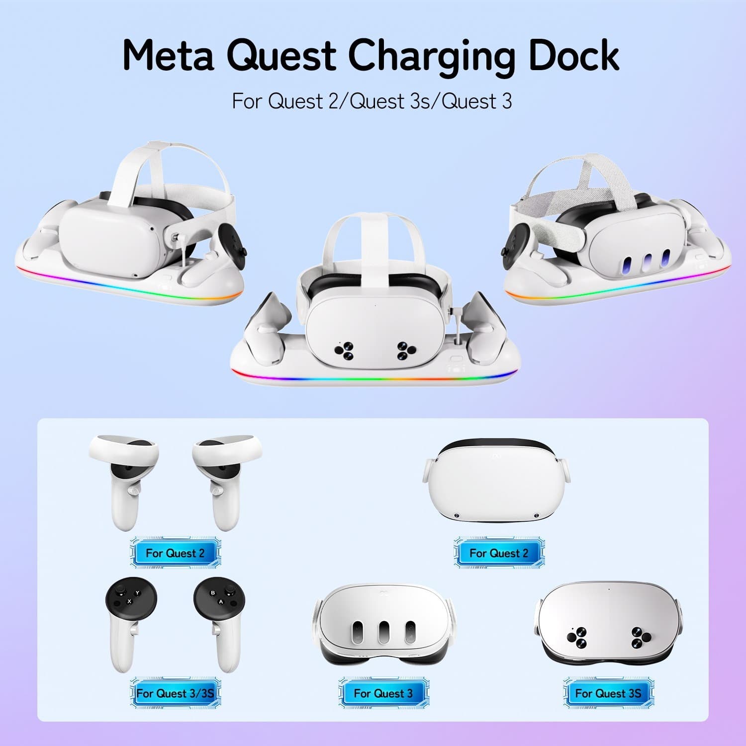 Meta Quest 3/2 VR Charging Dock 3s Controller Contact Charging Station with Colorful LED VR Accessories