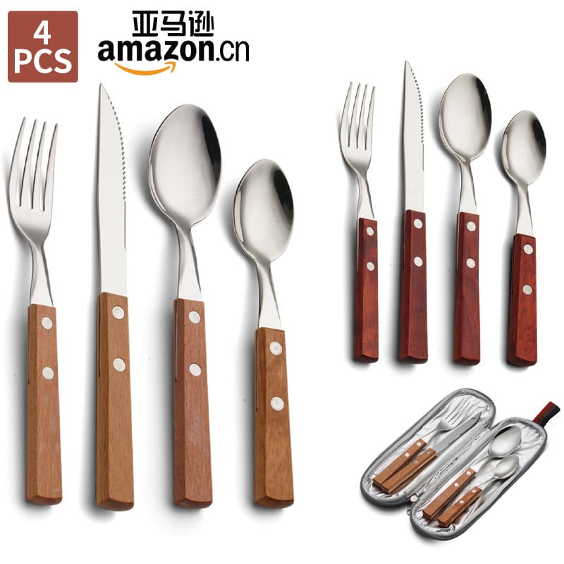 Amazon Stainless Steel Knife Fork Spoon Set Portable Outdoor Steak Wooden Handle Western Tableware Full Set Wholesale Drop Shipping