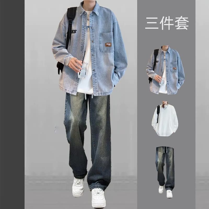 Men's Long Sleeve Denim Shirt Early Autumn Set Stylish Lightweight Jacket Teenagers Complete Outfit with Retro Jeans