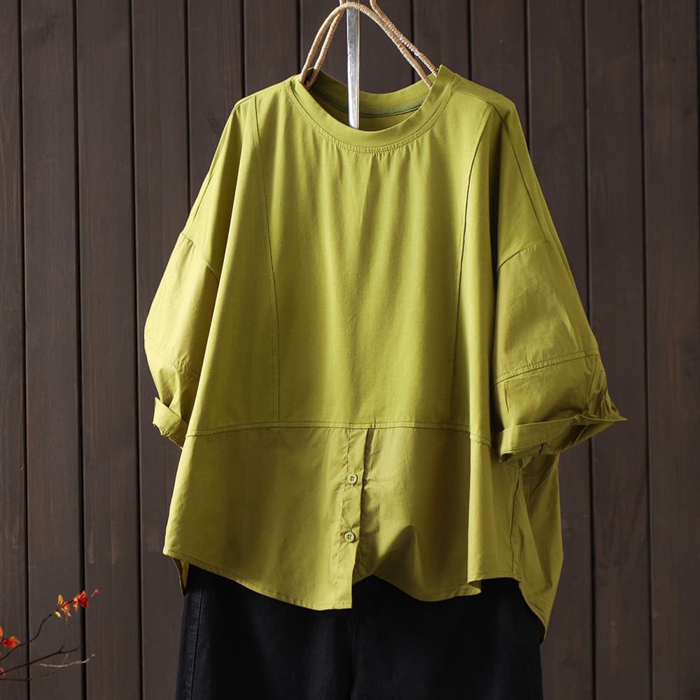 Korean style loose fake two-piece round neck women's T-shirt loose large size cross-border foreign trade women's versatile button half-sleeved T-shirt