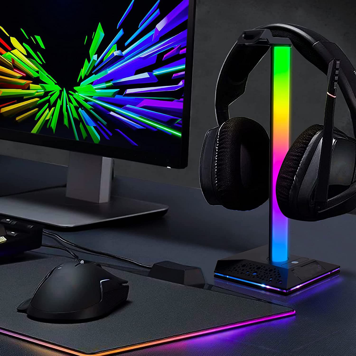 New Gaming Headset Stand Semi-Transparent RGB Illuminated Dual USB Port 3.5mm Audio Touch Control Headphone Holder