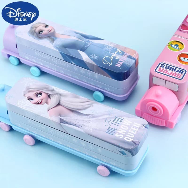 Disney Frozen Tin Pencil Case Train Head Kindergarten Pencil Box Double-Decker Bus Pencil Case Stationery