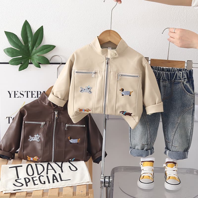 Motorcycle Boy Kids Jacket Toddler Boys Retro Leather Jacket Spring Autumn 0-5 Years Stand Collar Coat 2-Piece Set Fashion