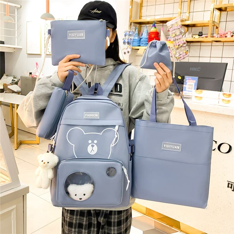 Korean Style Elementary School Backpack for Girls New Large Capacity Middle School High School Student Backpack 5-Piece Set Double Shoulder Backpack Cross-Border