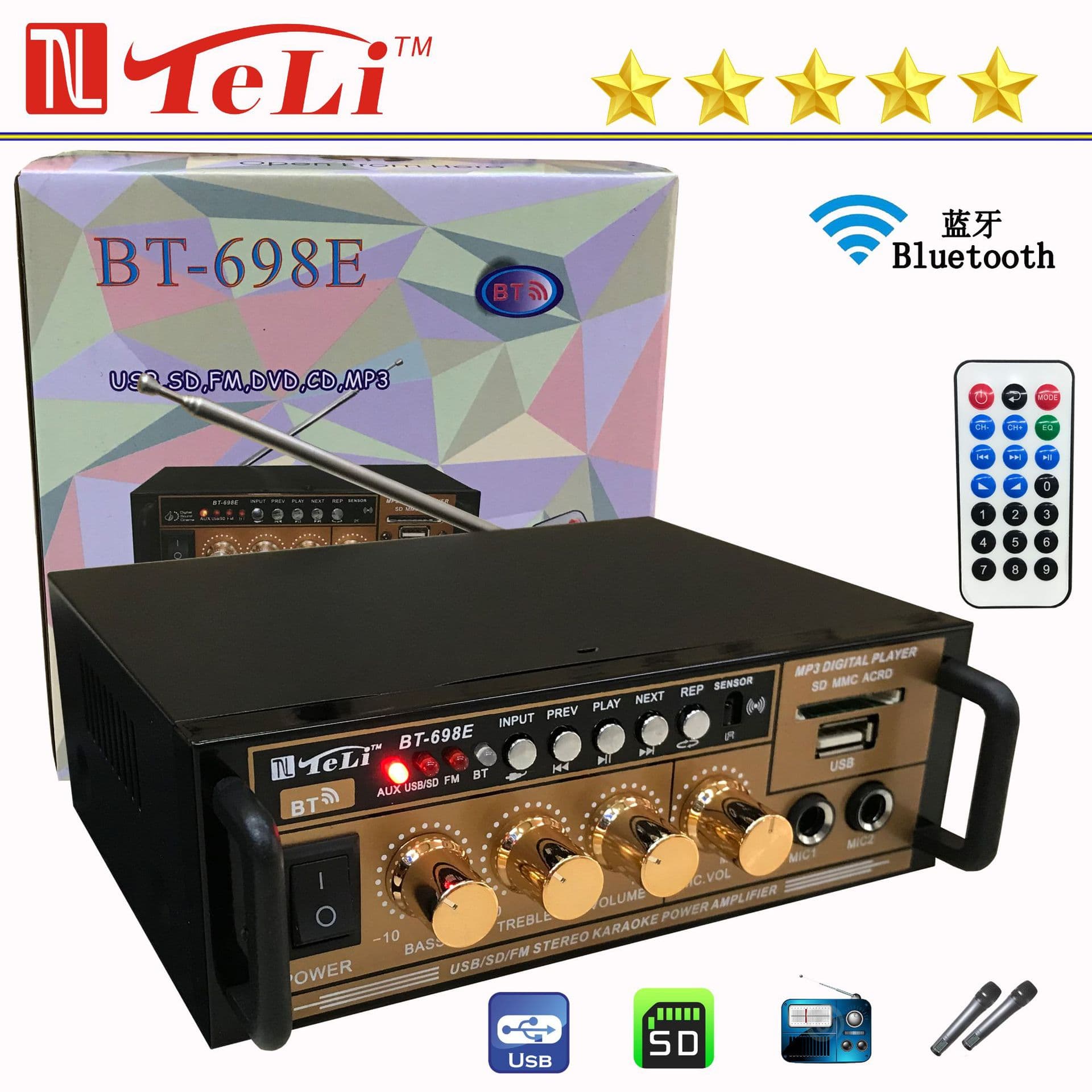 New Bluetooth BT698E Amplifier Home Car Mini Amplifier 220V 12V Dual Voltage Radio Amplifier