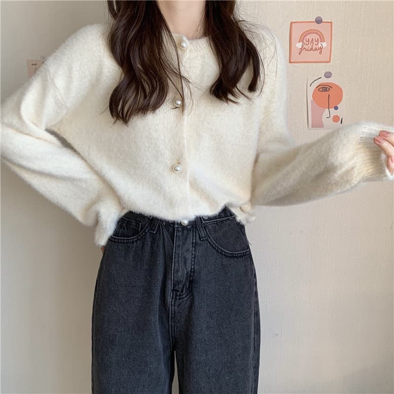Short Knit Cardigan Women Autumn Outer Wear Loose Lazy Style Imitation Mink Velvet Collar Long Sleeve Sweater Stylish Top Coat Trendy