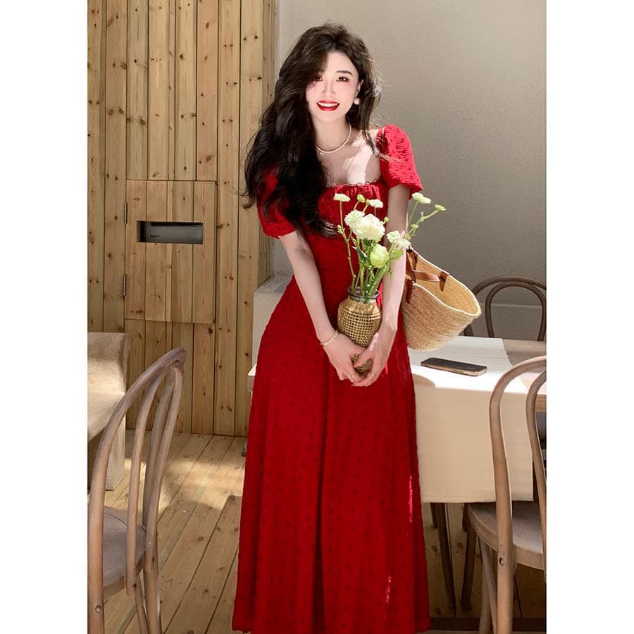 Plus Size Summer Hot Sale Of The Season Plus Size Red Dress Women's French Vintage Square Collar Holiday Beginners Long Skirt...