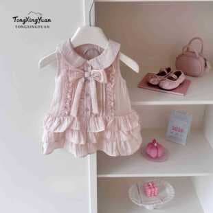 [Summer New Arrival] Misty Pink First Love! Girls' Light Pink Bow Layered Dress, Fresh Sleeveless Tank Dress