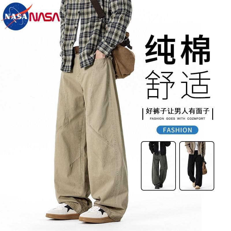 NASA trendy American deconstructed cotton scimitar casual pants for men in spring and summer loose straight overalls for boys