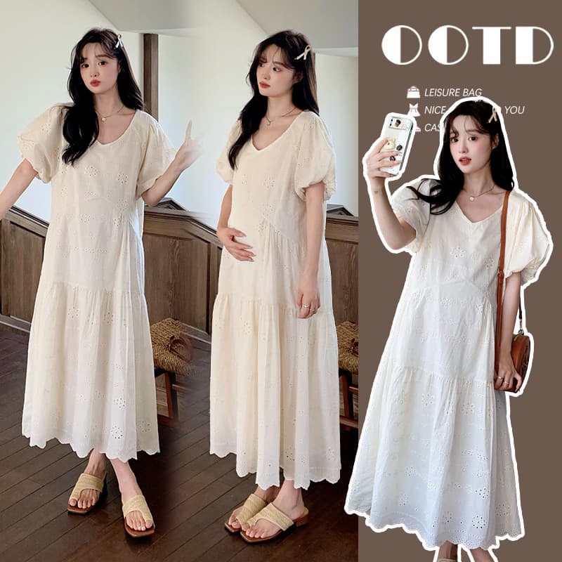 Maternity Dress 2026 Summer Loose Plus-Size Maternity Dress with Elegant Embroidery