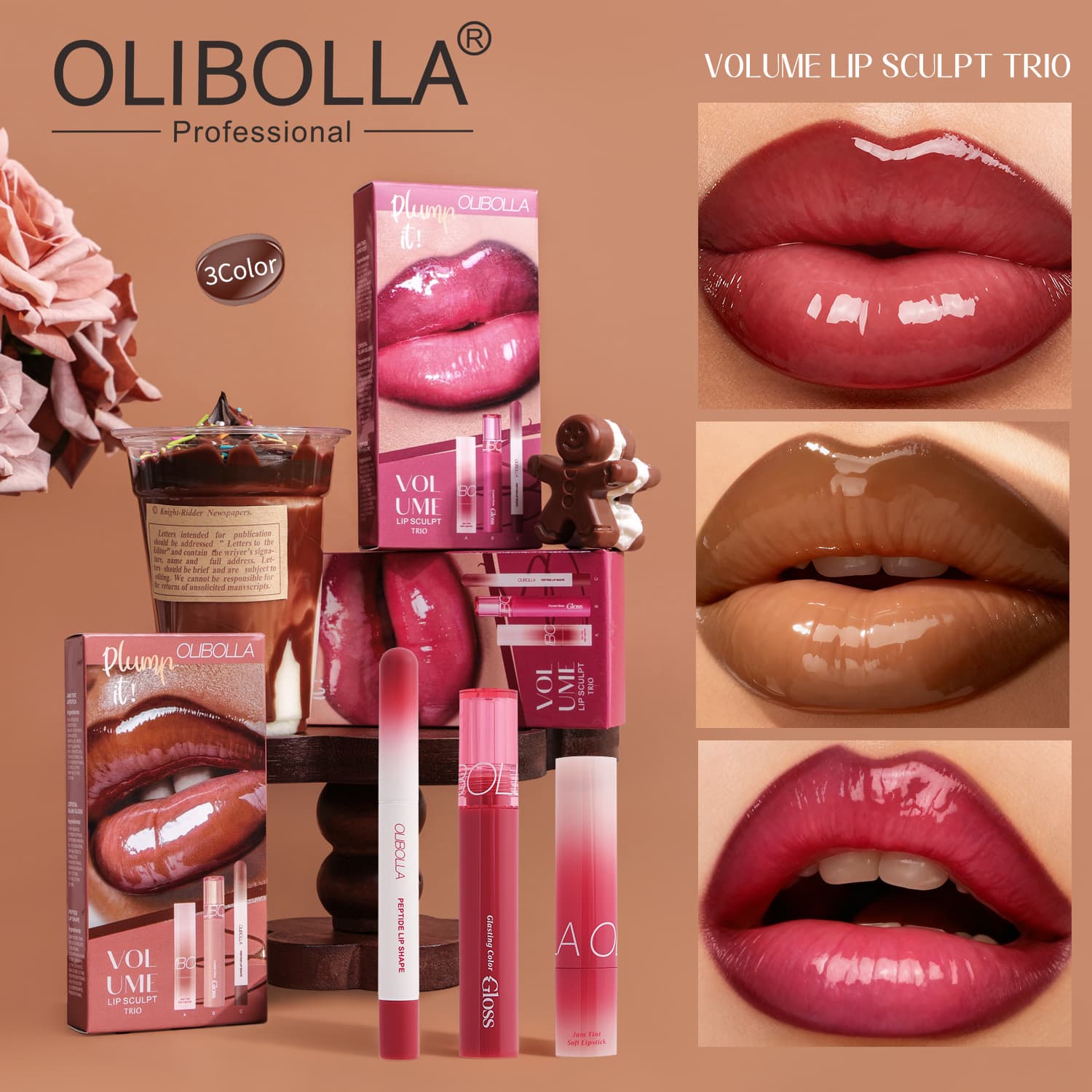 Cross-border Hot Seller OLIBOLLA 330 Three-Color Makeup Set Lip Liner + Lip Gloss Lipstick Makeup Set