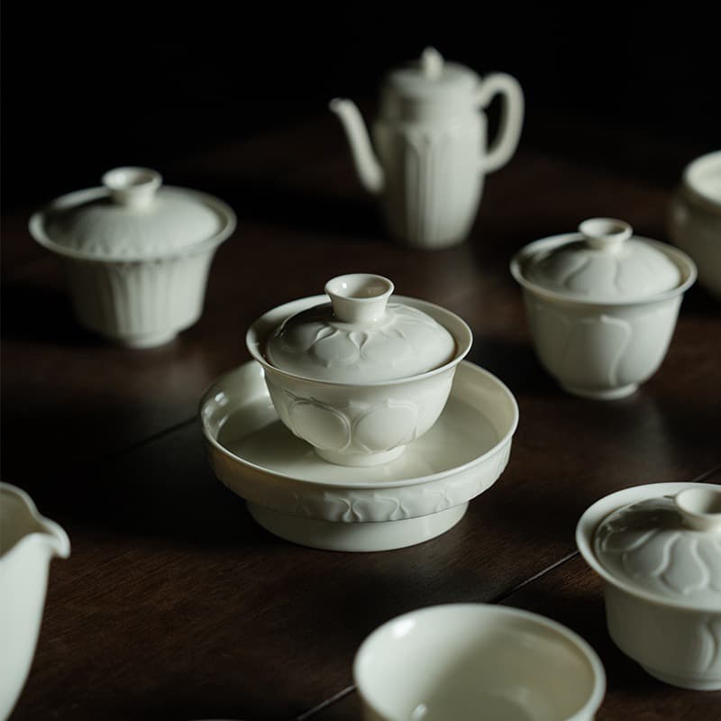 Imitation Song Dynasty Ding kiln white ceramic Ercai bowl teapot hand-embossed Kung Fu tea set teapot tea cup master cup
