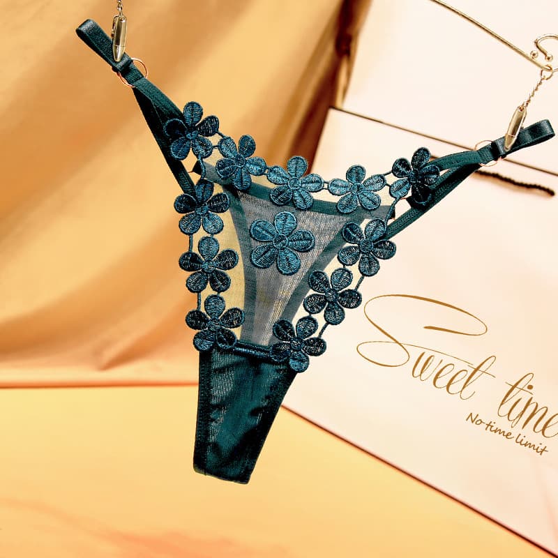 Pure desire thong metal buckle design sweet floral embroidery breathable mesh sexy adjustable strap women's large size panties