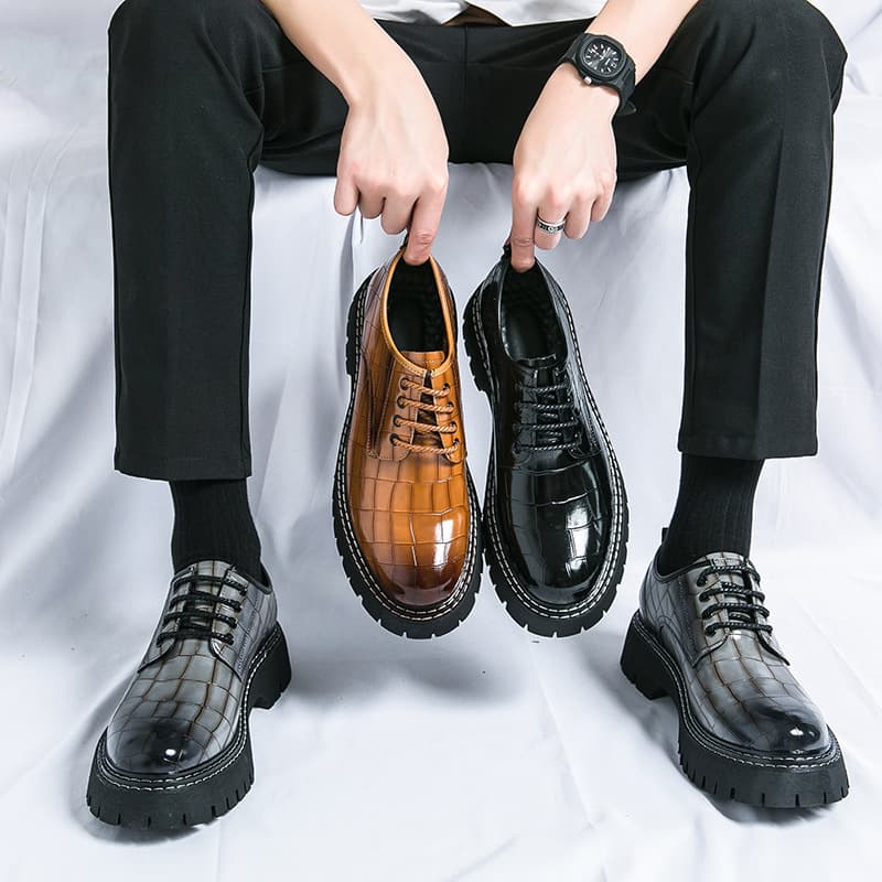 2024 Spring/Autumn Cross-border Large Size Men's Low-top Chunky Leather Shoes, New Style Men's Thick Sole Height-increasing Nightclub Trendy Leather Shoes