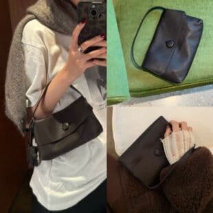 Korean Style Niche New Row Style Sally Button Bag, Handbag, Genuine Leather Minimalist Mini Square Bag, Cowhide Handheld Small Bag