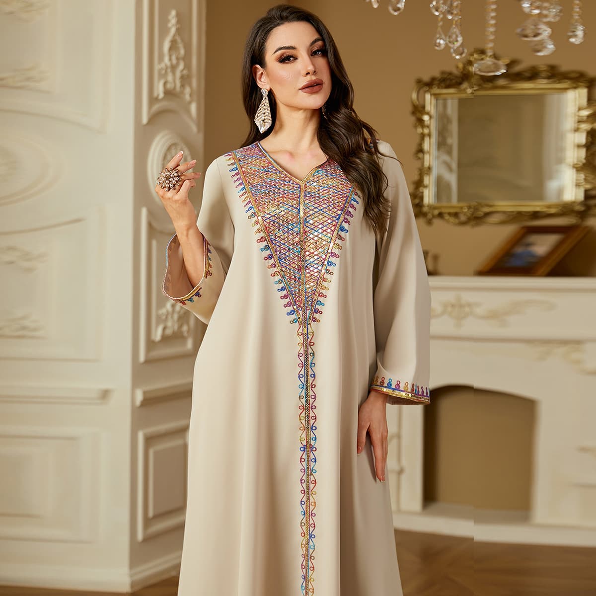 4220 Cross-Border Ethnic Style Fashion Casual Long Robe Elegant Beaded Rope Embroidery Long Versatile Dress