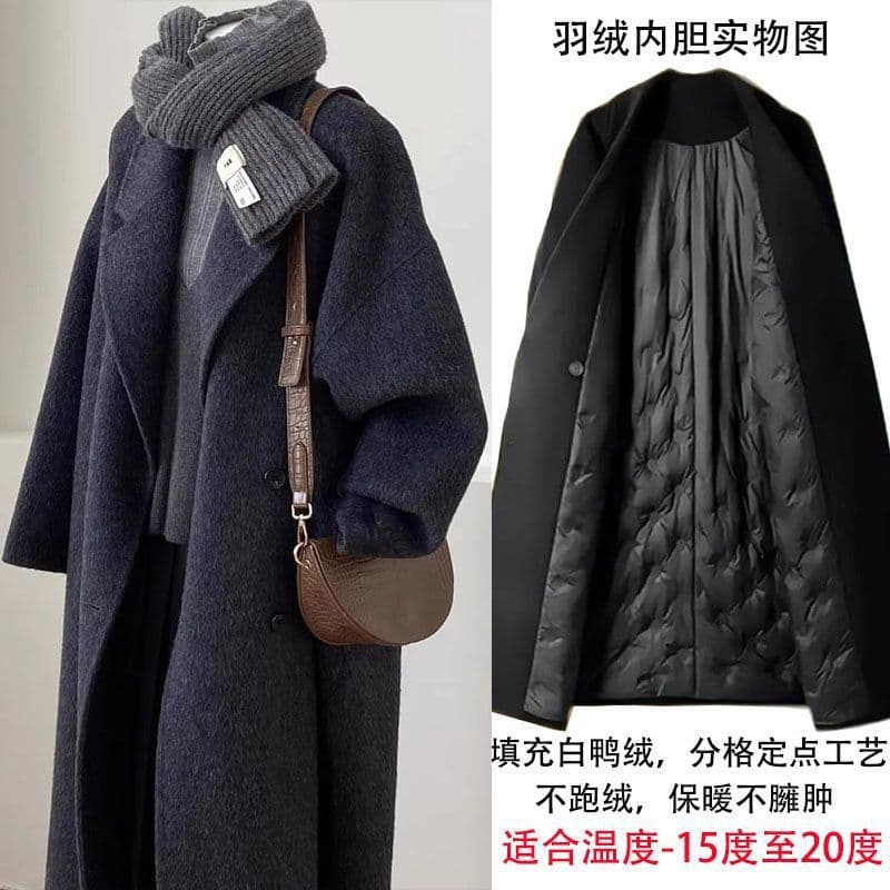 Down-filled woolen coat for women, mid-length 2025 autumn and winter new style white duck down thickened Audrey Hepburn style wool coat.