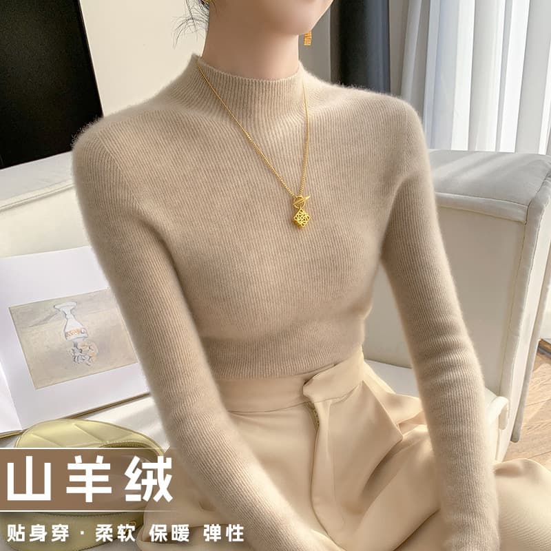 Women's high-neck cashmere sweater, slim fit, thin knitwear, perfect for autumn and winter.