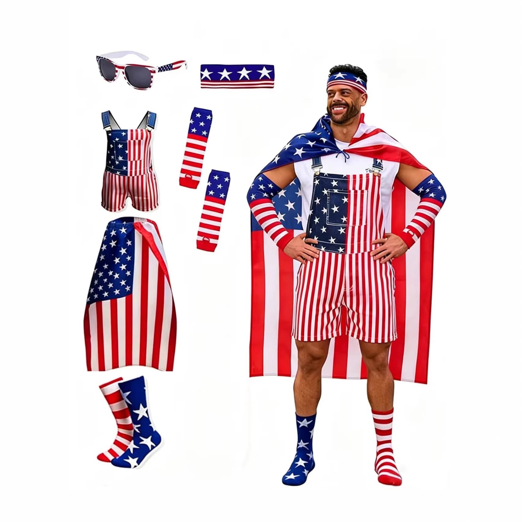Amazon's Hottest American Independence Day Flag Workwear Couple Overalls European and American Cross-Border Trendy Brand Halloween Performance