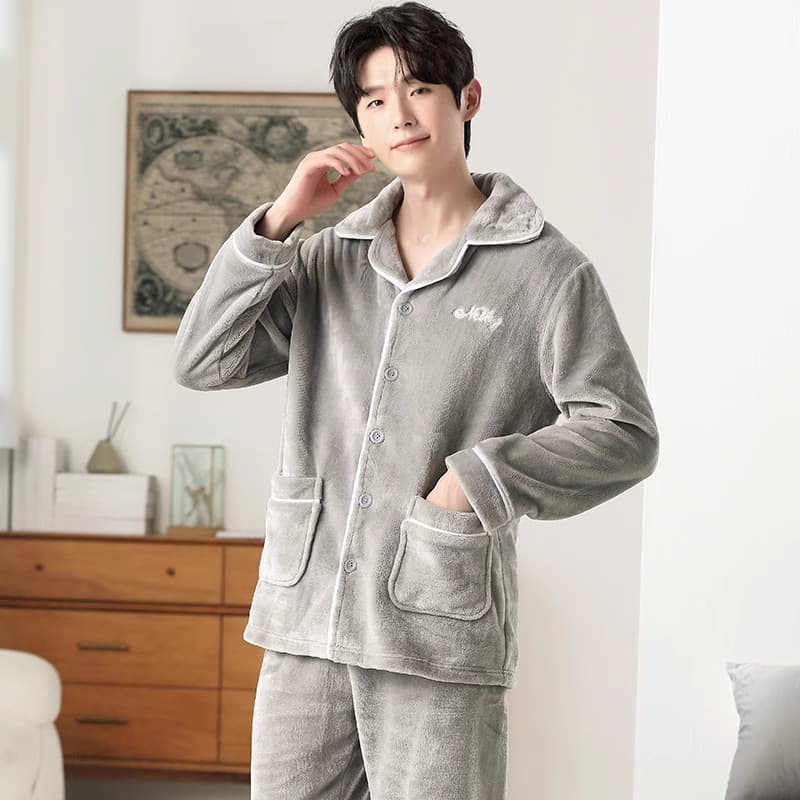 [Warm & Cozy] Men's Coral Fleece Winter Thermal Anti-Static Flannel Loungewear Pajama Set