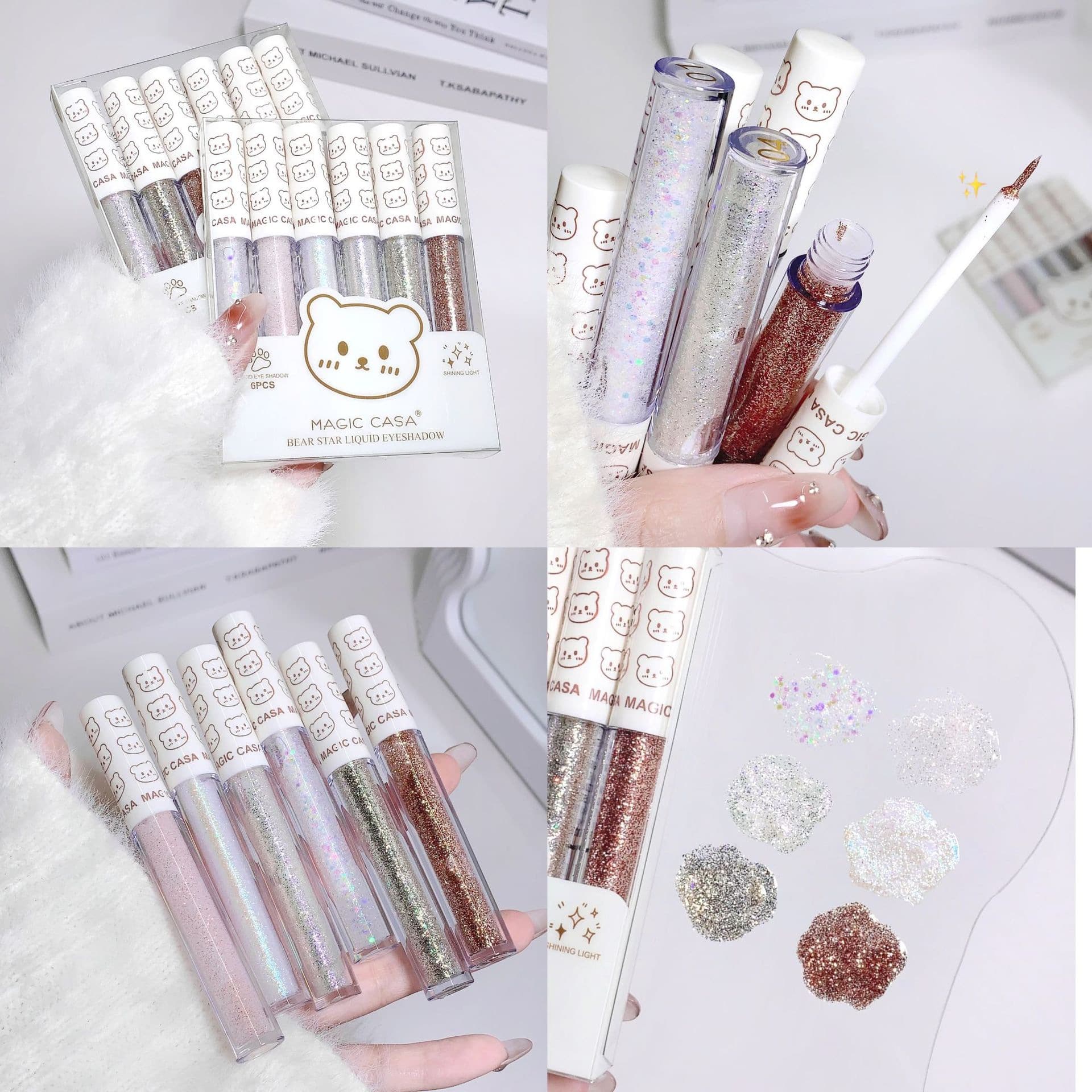 Cross-border MAGIC CASA 6-Color Liquid Eyeshadow Set Cute Bear Galaxy Highlighter Long-Lasting Shimmer Glitter