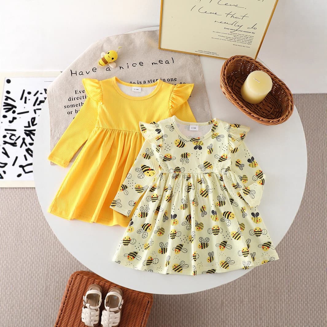 Autumn Baby Girl Toddler Bee-Themed Solid Color Ribbed Long-Sleeve Dress Two-Pack Cute Casual Everyday Wear