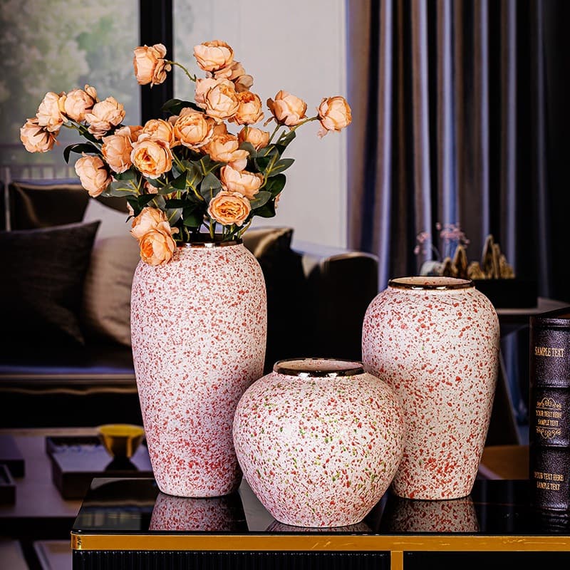 Hand-glazed red dot ceramic three-piece set vase combination housewarming moving new house decorations