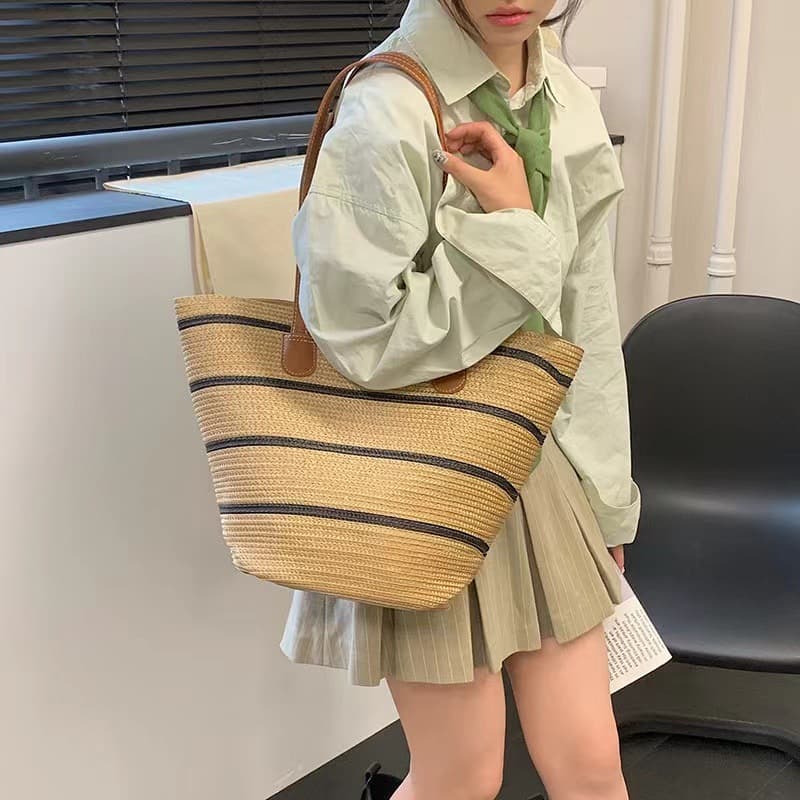 New Large Capacity Machine-Woven Single-Color Paper Rope Bag, Fashionable Shoulder Bag, Straw Bag, Casual Women's Bag, Beach Bag