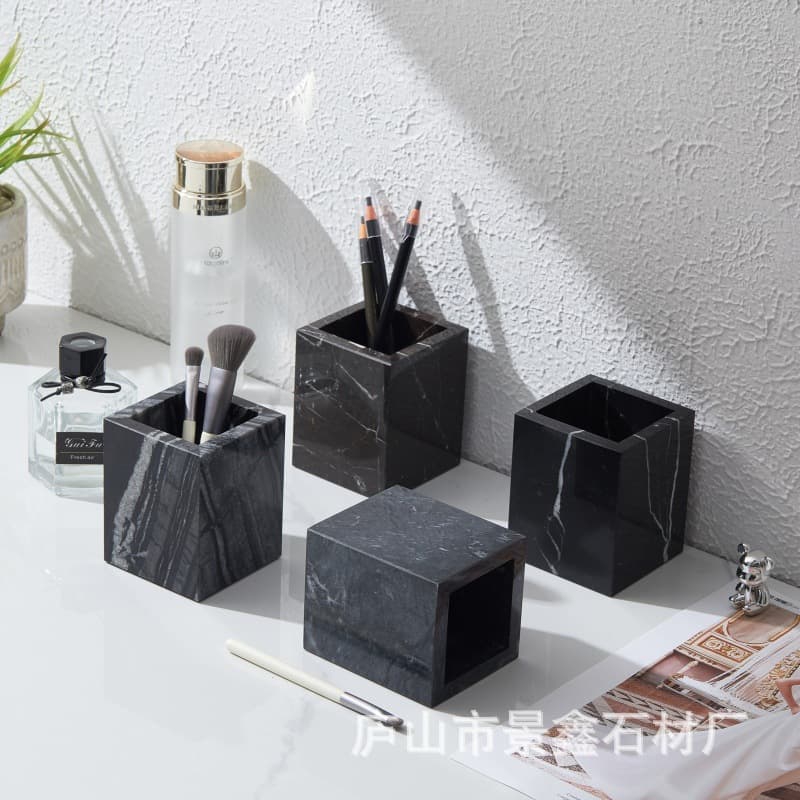 Natural Marble Square Pen Holder, Premium Office Desk Organizer for Makeup Brushes and Pens