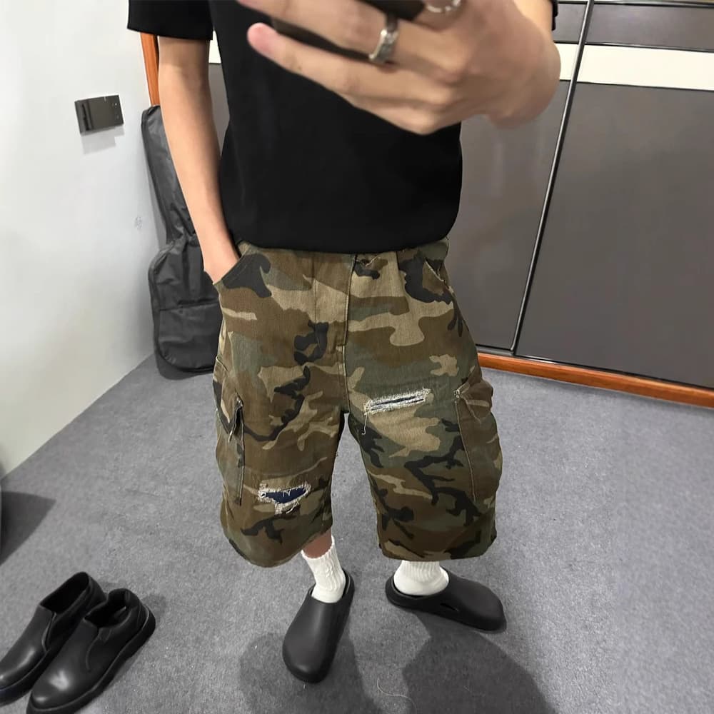 Cross-border Street Ripped Patch Capri Jeans for Men and Women Summer Niche Design Loose Washed Camo Shorts