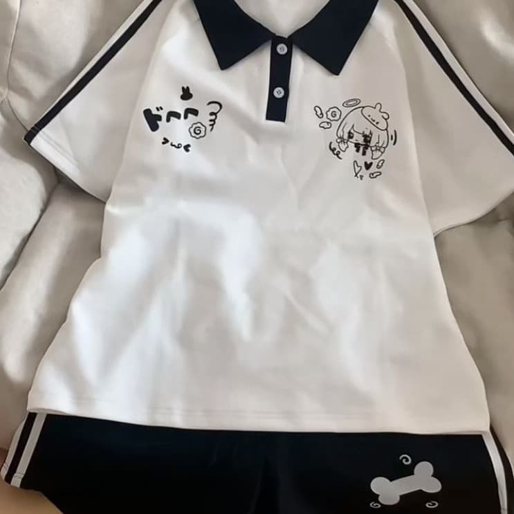 New Summer Polo Collar Sporty Casual Cute Japanese Black and White Short Sleeve T-Shirt Women's Top