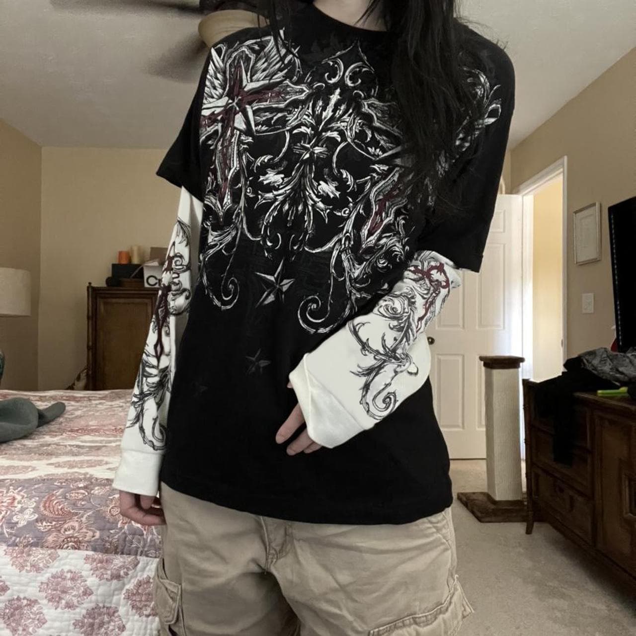 2022 New Women's Long-Sleeve T-Shirt, Loose Fit Faux Layered Long Sleeve, Printed Crew Neck Retro Print T-Shirt