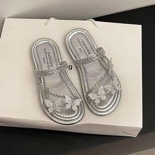 2025 Summer New Fashion Rhinestone Beach Fairy Style Bow Flat Sandals Women's Slippers