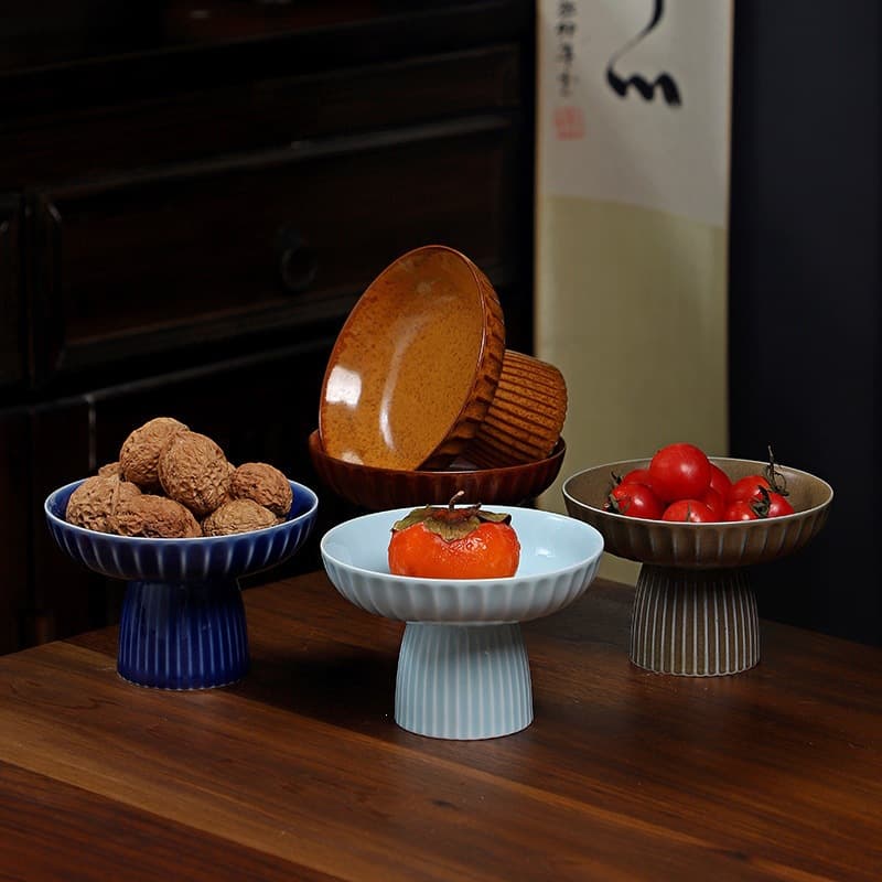 Chinese Style Vintage High-Foot Fruit Plate Ceramic High-Foot Tea Snack Pastry Plate with Lid Wedding Display Tray Retro