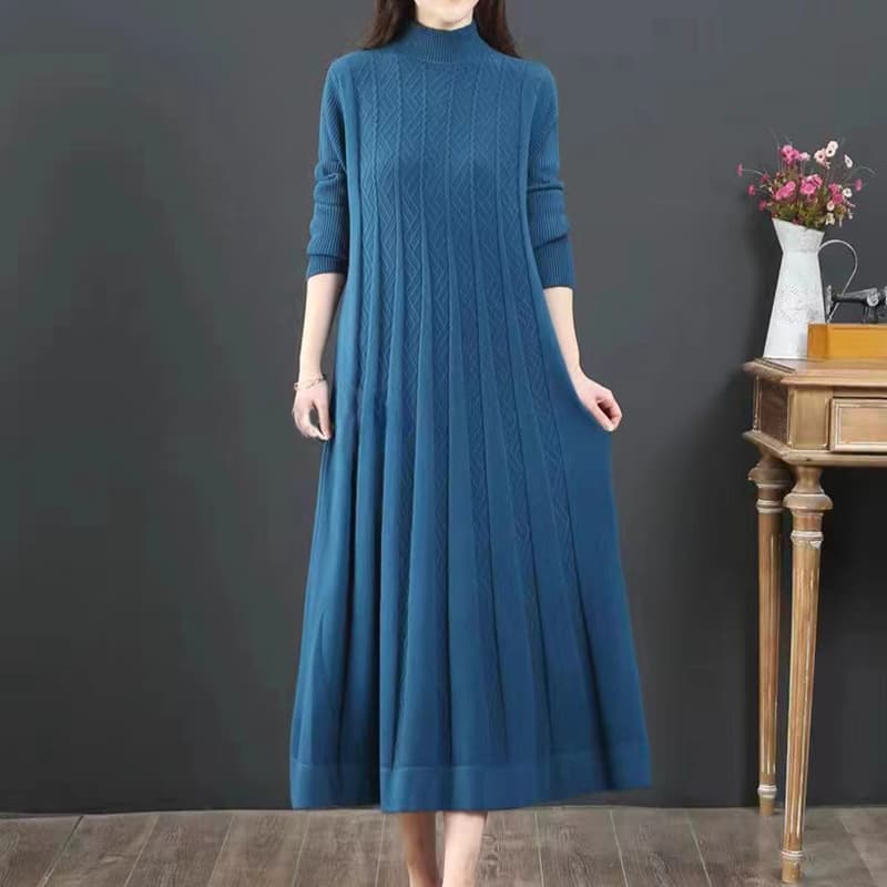 Knit Dress Autumn Winter New Half Turtleneck Loose Over-the-Knee A-Line Midi Dress Long Sweater Women's Base Layer