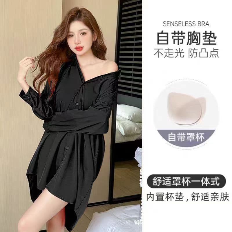 Women's Sleep Dress 2026 Ice Silk Summer New Thin Boyfriend Style White Shirt Loose Sexy Pajamas with Built-in Bra