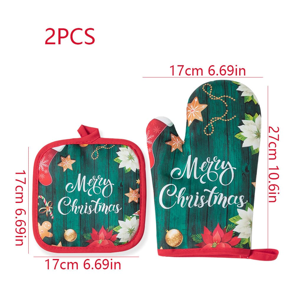 Christmas Microwave Oven Mitts Kitchen Home Heat-Resistant Baking Christmas Gloves Thickened Insulated Oven Mitt Set