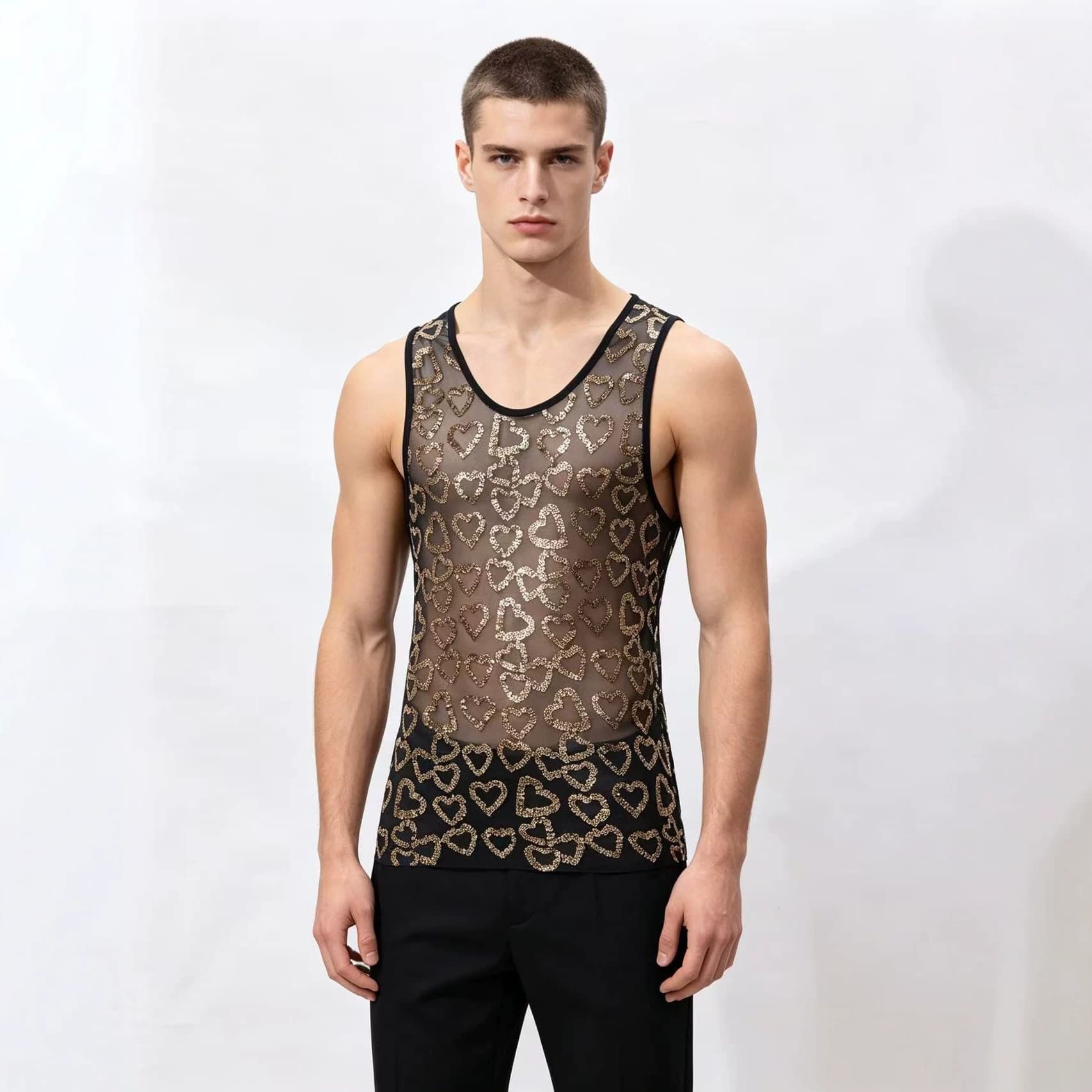 European and American sequin mesh men's vest nightclub party sleeveless top DJ music festival performance love see-through men's clothing