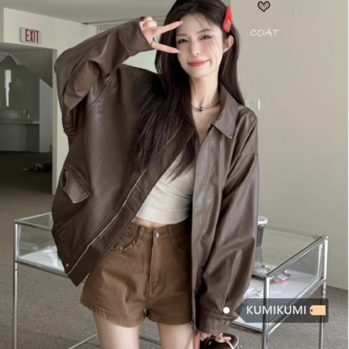 Vintage American Style Brown Leather Jacket Coat Women's Autumn Black Sweet Cool Style Motorcycle PU Leather Loose Long Sleeve Top