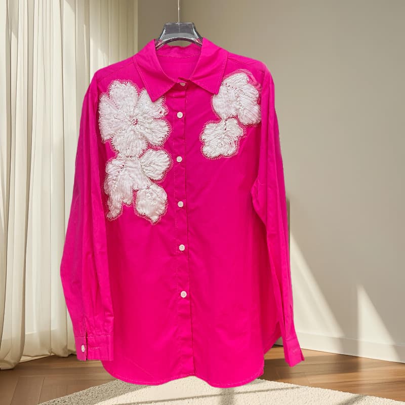 Spring New Arrival European Style Luxury Floral Rhinestone Fashion Casual Shirt